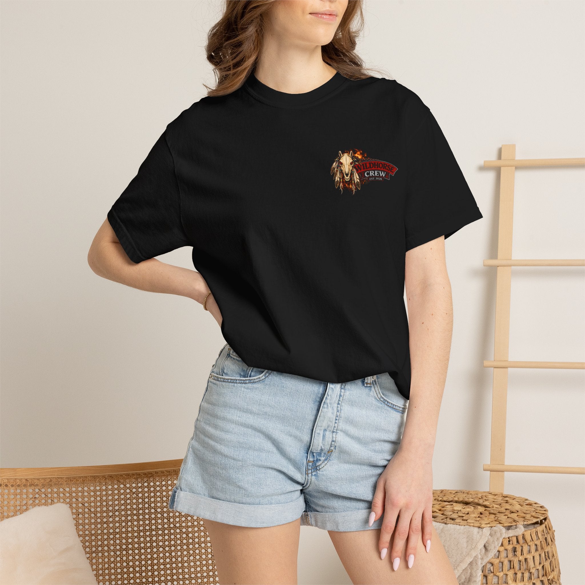 Wildhorse Crew T‑Shirt — Western Skull & Feather Motorcycle Tee
