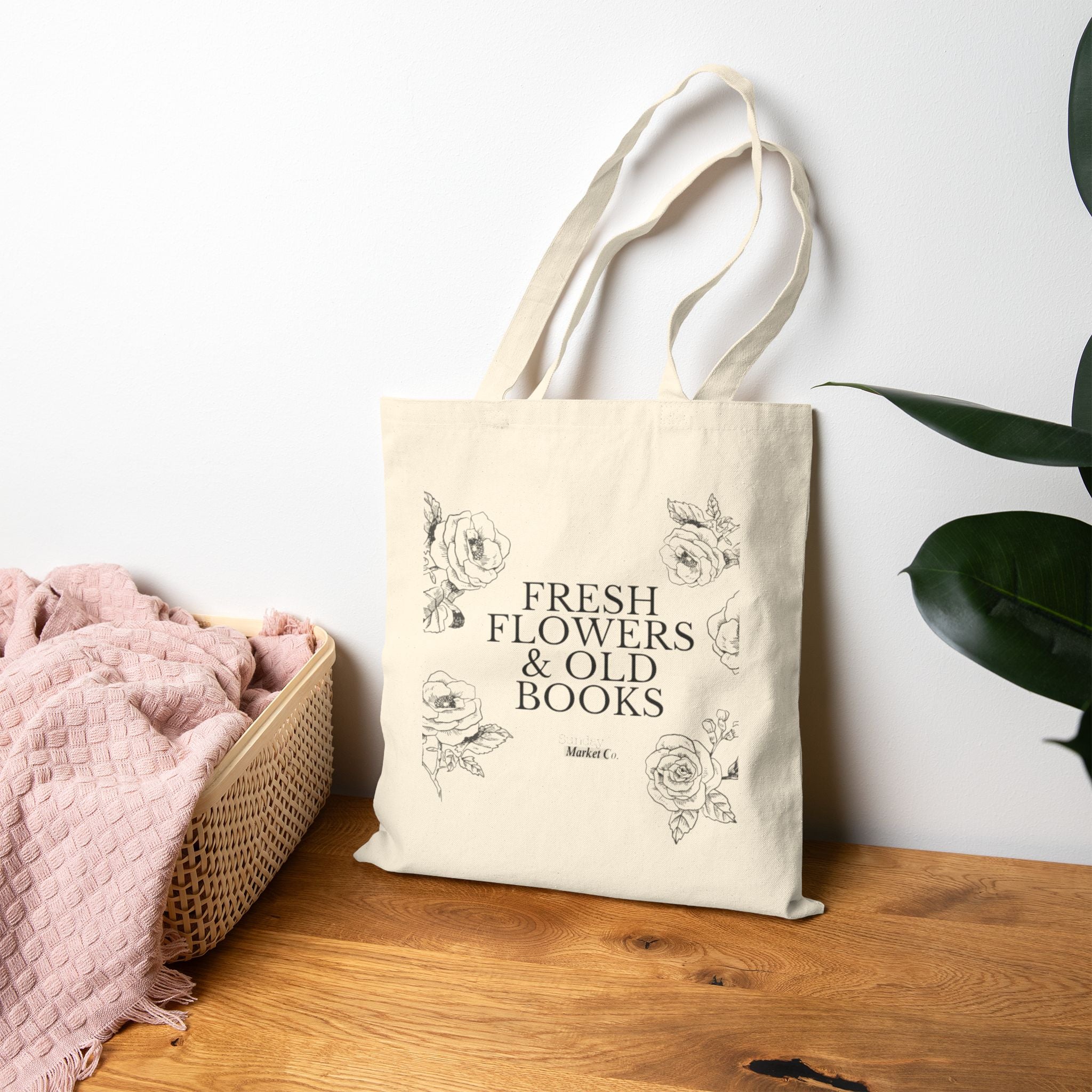 Canvas Tote Bag — "Fresh Flowers & Old Books" Floral Booklover Market Tote