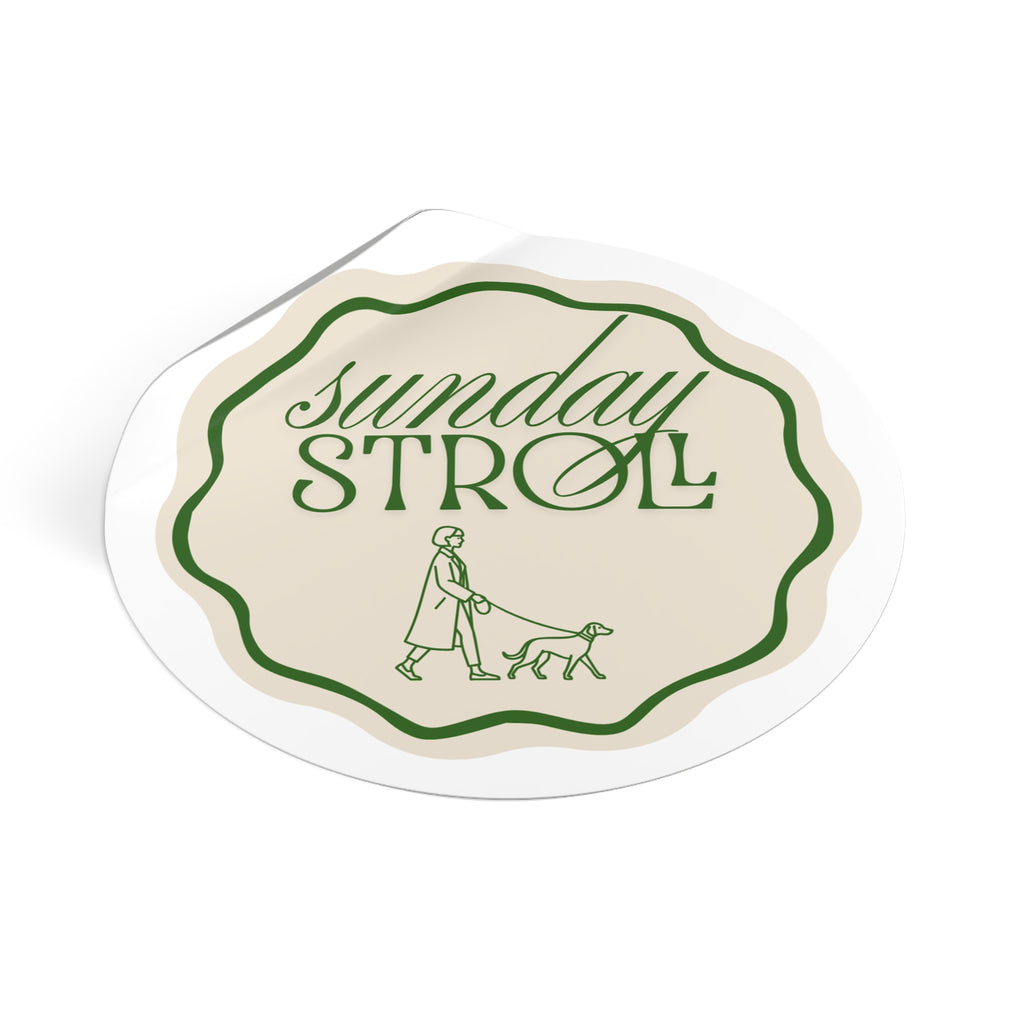 Sunday Stroll Round Vinyl Sticker — Retro Walk & Dog Illustration
