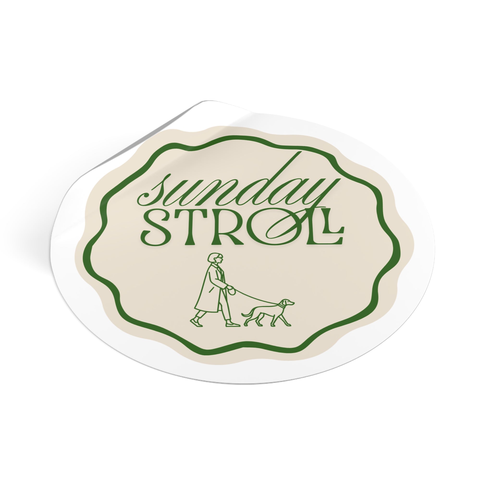 Sunday Stroll Round Vinyl Sticker — Retro Walk & Dog Illustration