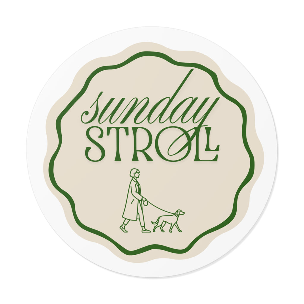 Sunday Stroll Round Vinyl Sticker — Retro Walk & Dog Illustration