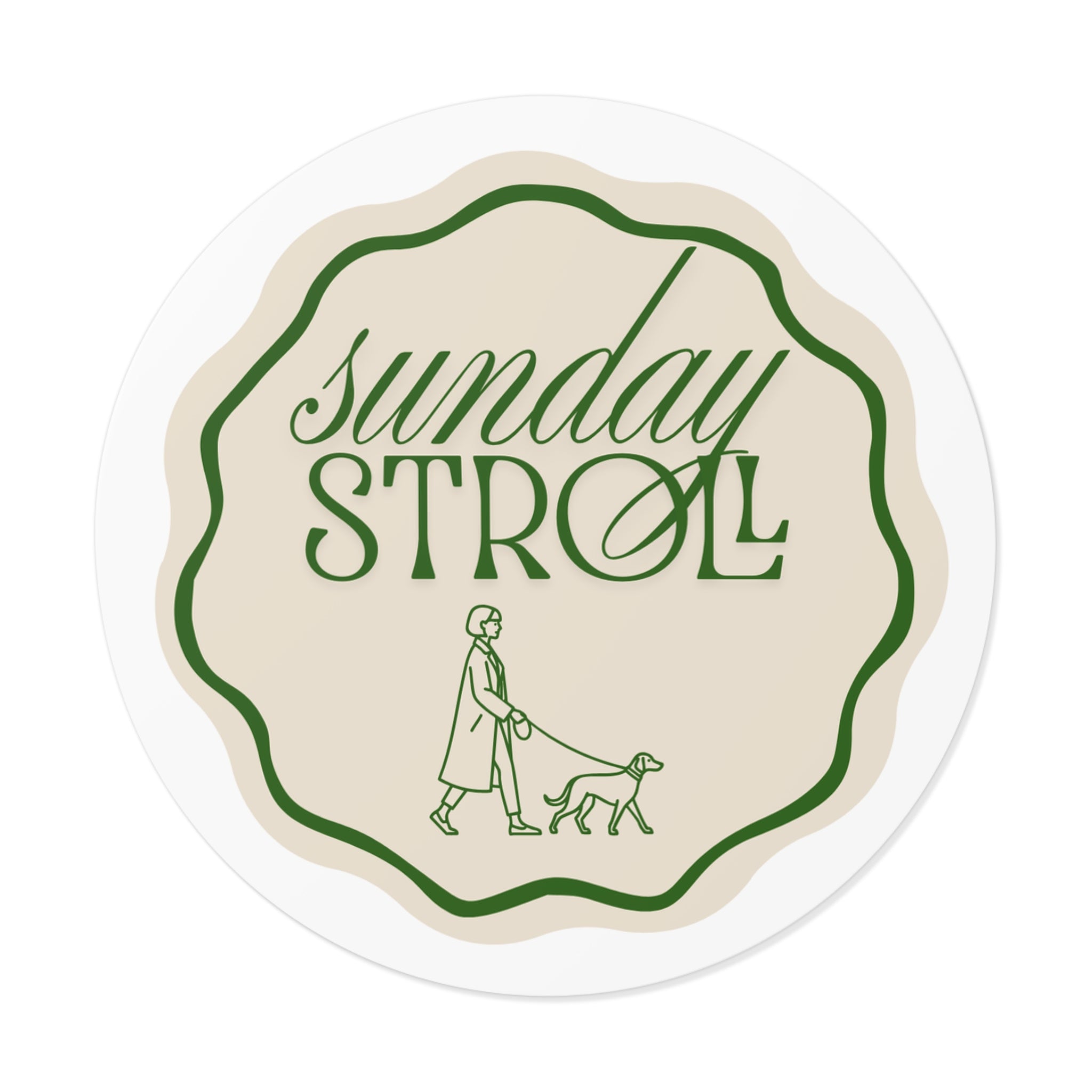 Sunday Stroll Round Vinyl Sticker — Retro Walk & Dog Illustration