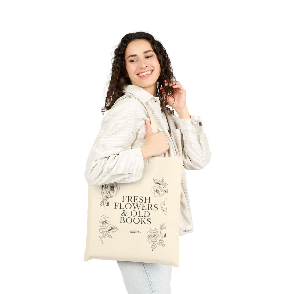 Canvas Tote Bag — "Fresh Flowers & Old Books" Floral Booklover Market Tote